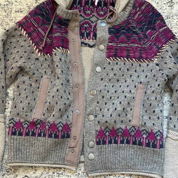FREE PEOPLE M Wool Nylon Blend Tan Hooded Sweater Jacket Blue Cardigan - Picture 9 of 14